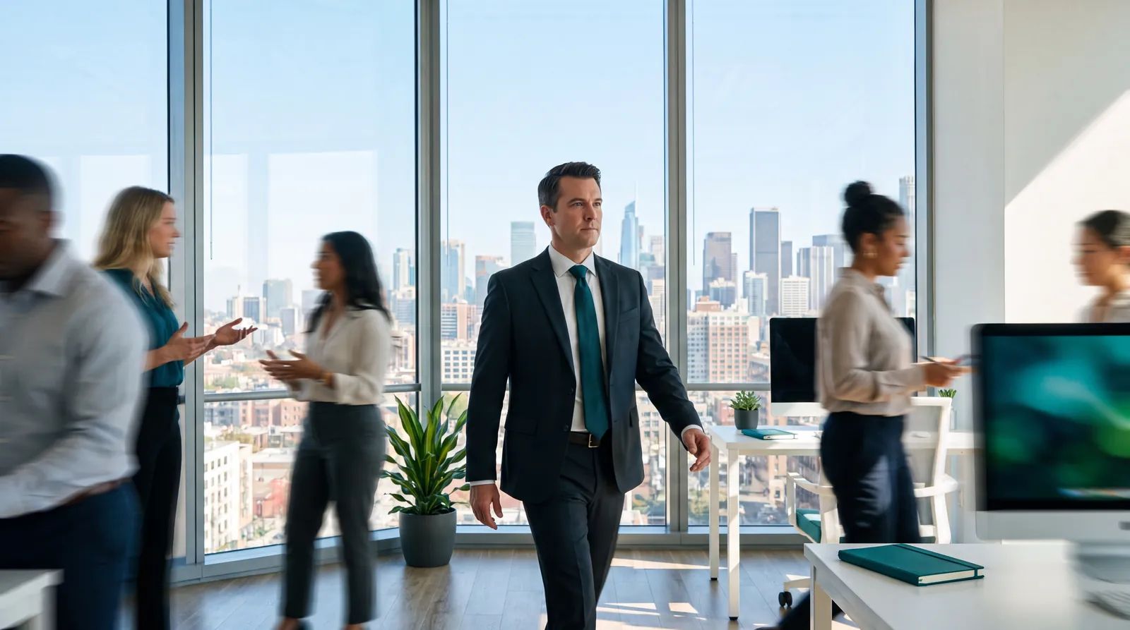 A decisive business leader striding through a modern US office in the year of AI execution