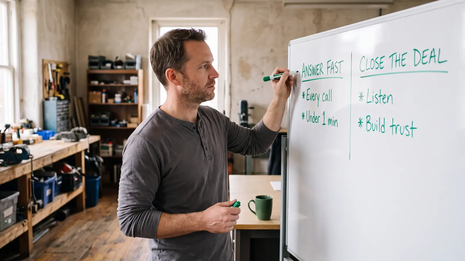 Business owner in his workshop writing a two-column plan on a whiteboard, Answer Fast and Close the Deal, green marker in hand