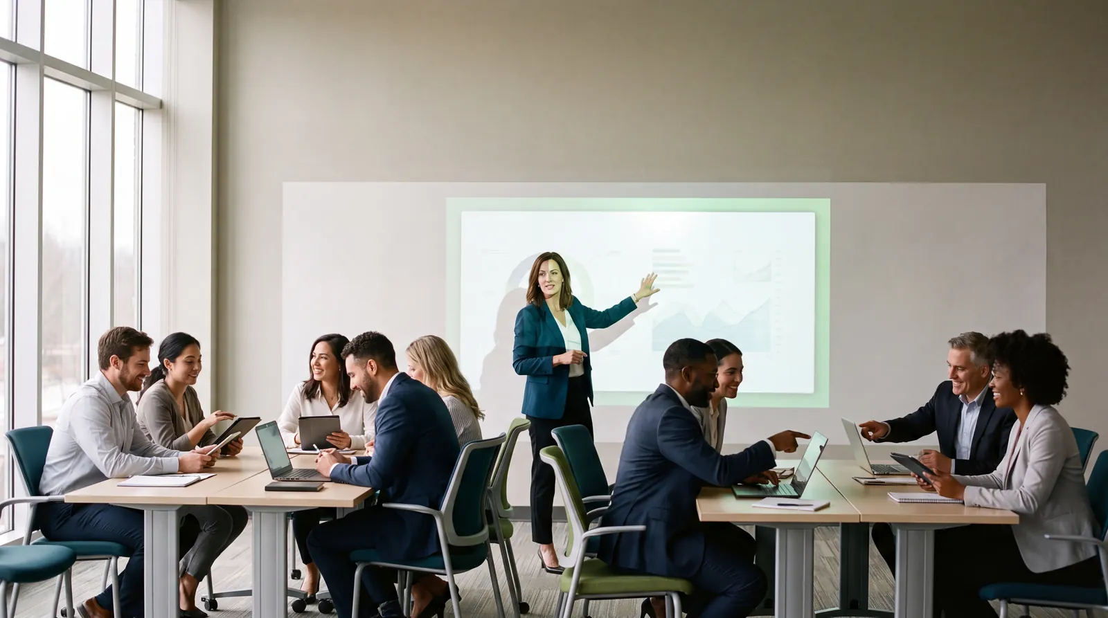 A corporate AI training session with a presenter and engaged professionals learning in 2026