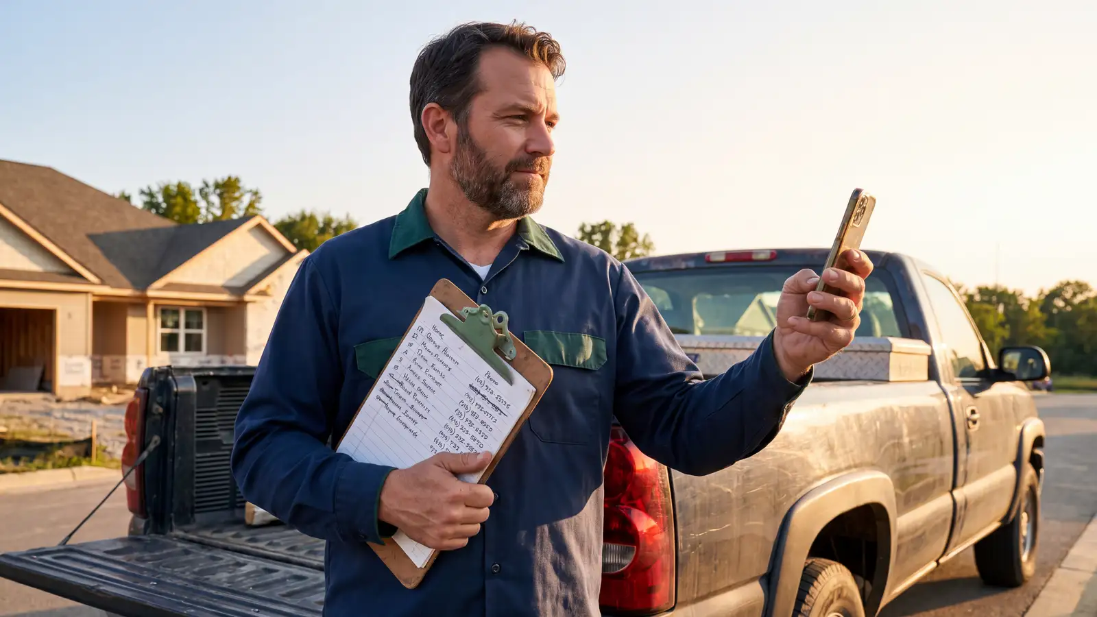Contractor at his truck tailgate texting the next name on a handwritten list of old leads