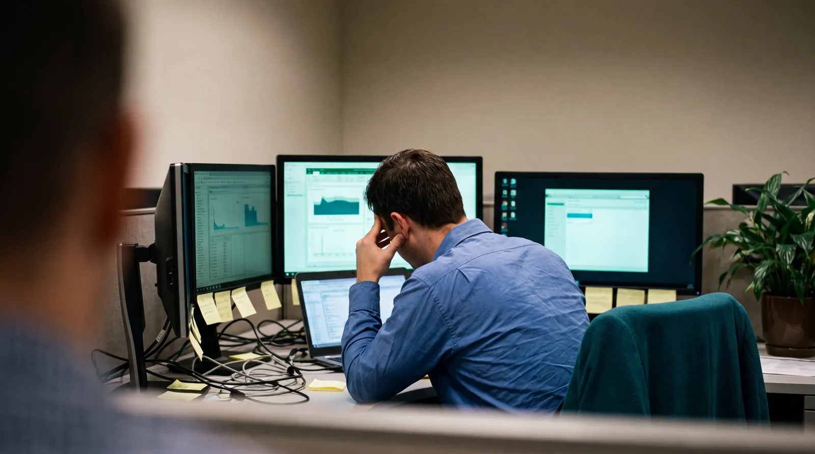 An overwhelmed salesperson surrounded by disconnected apps and tangled tools that cost deals