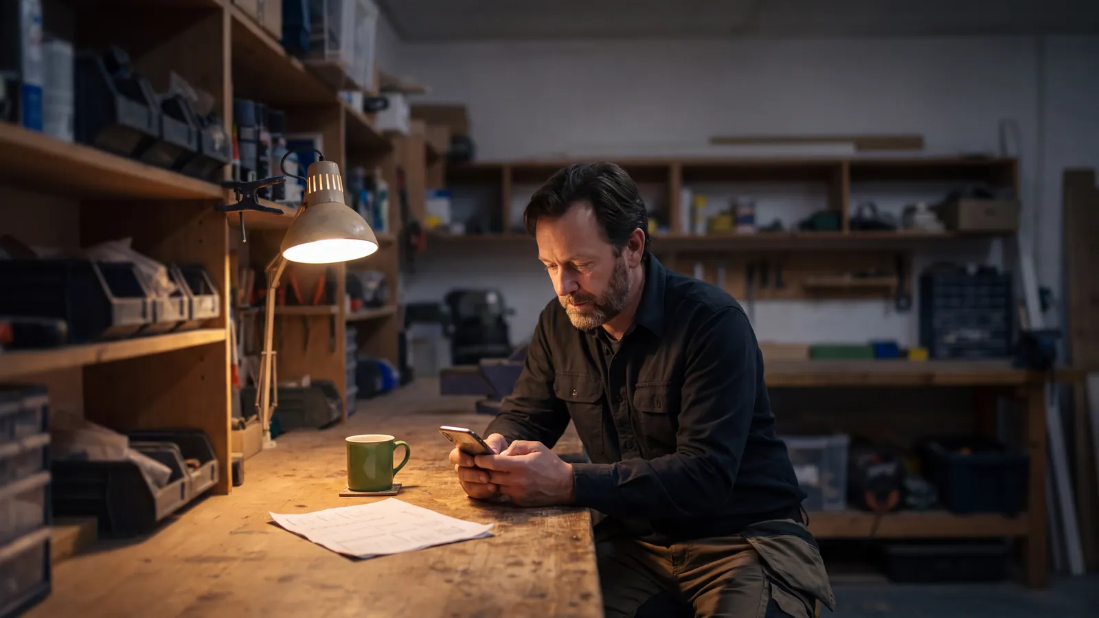 Business owner at his workbench desk at night, printed quote in front of him, dark phone face up beside it, typing the day-one follow-up text