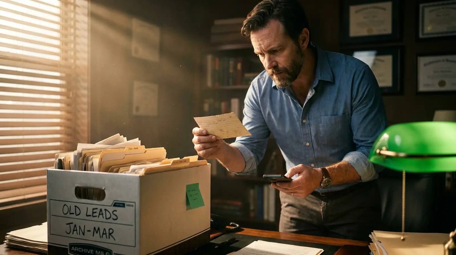 Business owner picking an old lead card from a box of cold leads