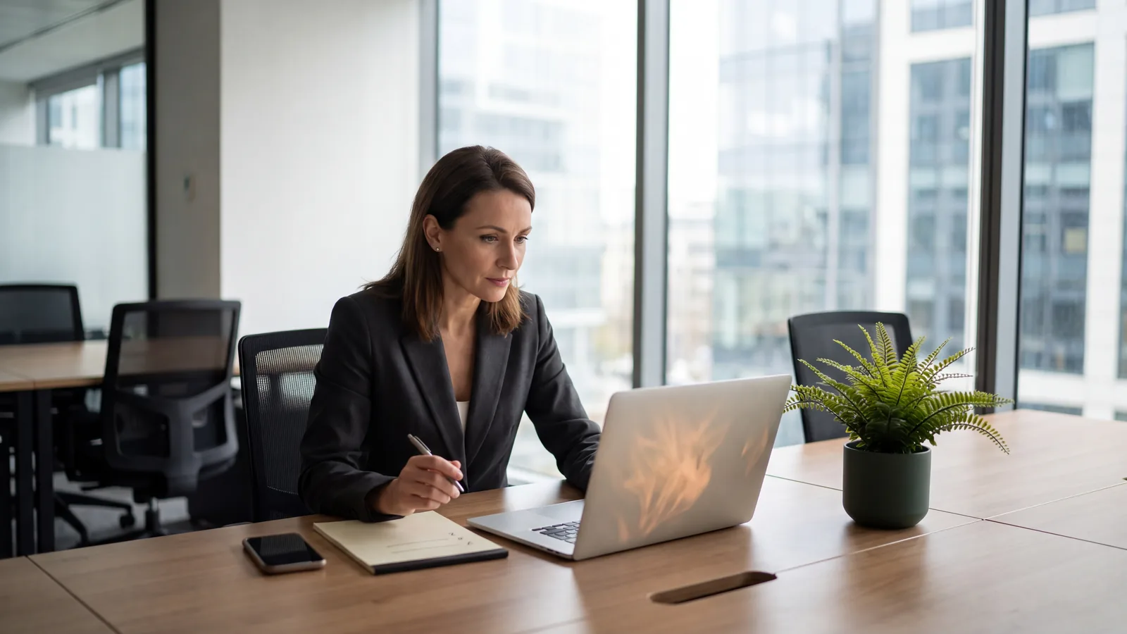 Businesswoman in a dark suit sitting alone at a wooden desk in a bright glass-walled office, pen in hand over a notepad of rough scribbles, phone beside it, studying her laptop screen in early-morning light with city towers blurred through the window behind her