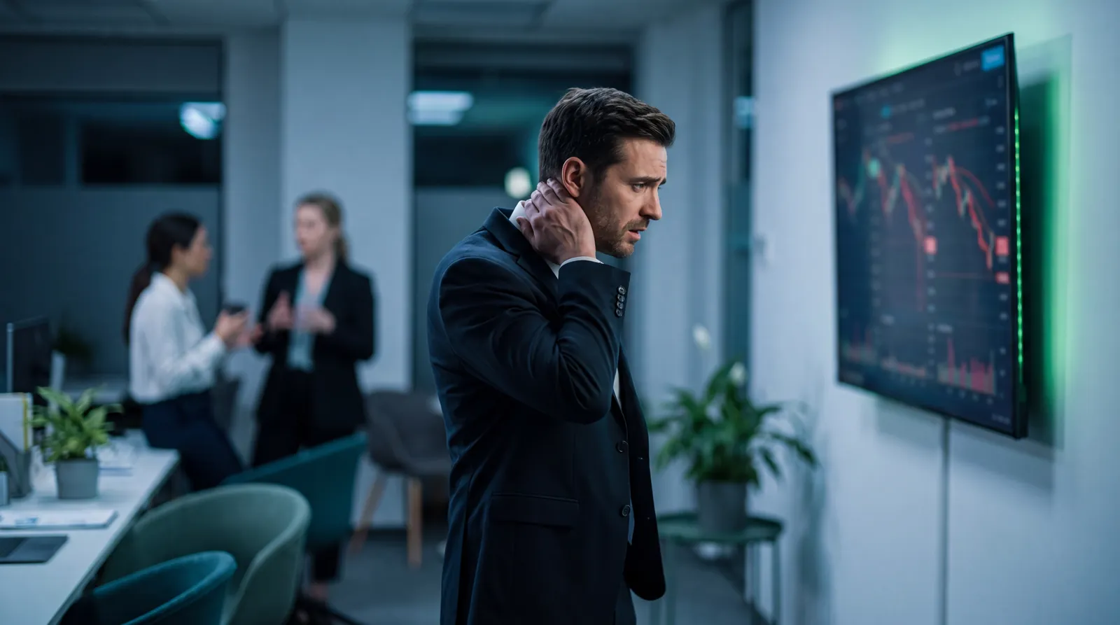 A concerned sales manager spotting revenue leaks on a declining performance dashboard