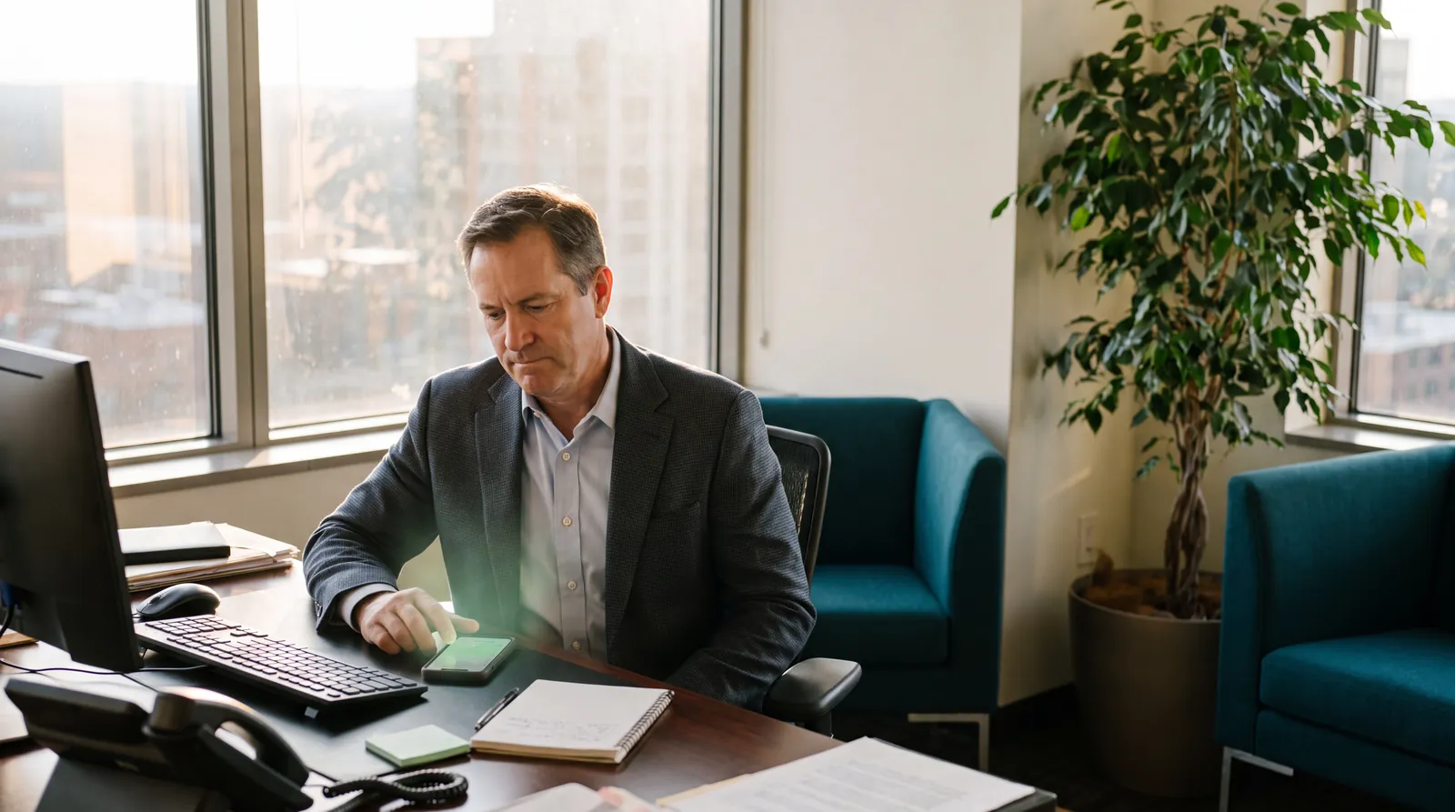 Business decision-maker reaching for his phone as a new lead arrives
